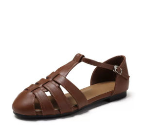 Womens Summer Flat Bottom Roman Shoes Soft Bottom Breathable Hollow out Genuine Leather round Head Vintage Style Sandals