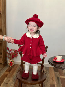 Korean Style Girls Christmas New Year Knitted Sweater Set Autumn Winter Short Pants Two Piece Suit Warm Casual Cotton Polyester