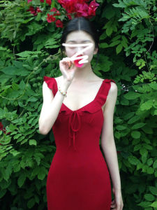 LIRUSHAN | Red French Style Flared Sleeve Pencil Dress