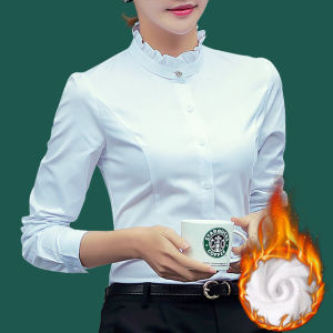 Womens Fleece Lined Long Sleeve Stand Collar Shirt Cotton Inner Wear Professional Formal Top White Base Layer Autumn Winter