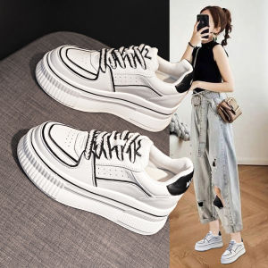 Comfortable Thick Bottom Platform Sneakers Casual Leather Womens Shoes Chic Flat Heel Breathable Cotton Lining Rubber Sole