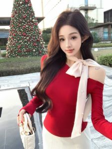 Red Bow Knot Long Sleeve Slim Fit Womens Base Shirt French Design Style Waist Cinching Slimming Effect New Years Outfit