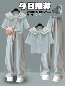 Loose Cotton Short Sleeve T-Shirt with Navy Collar for Junior High School Girls Sweet Style Summer Fashion Top Butterfly Knot