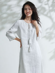 Miccbeirn | Pure Linen Embroidered Gown With Gold Thread Sequin New Chinese Style Belted Fringed Artistic Simple Split Over Knee Long Dress