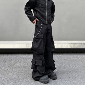 BLAEXIT American Style Black Multi-Pocket Work Pants Mens Casual Loose Fit Straight Leg Drapey CleanFit Leisure Trousers