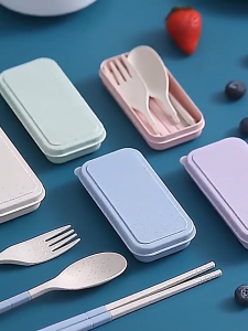 3pcs Set Reusable Folding Wheat Straw Chopstick Spoon Fork Cutlery Set with Box Collapsible Set Tableware Utensil