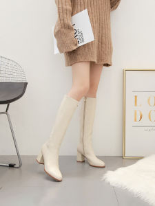 White Long Boots Female Fall and Winter Fleece-lined Small High Leg Boot Big Tube Circumference Genuine Leather Long Boots Womens High Heels Boots