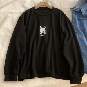 เสื้อยืดคอกลมแขนยาวสองหน้าพิมพ์ลายสุนัขฝรั่งเศสสไตล์เกาหลีสำหรับผู้หญิง เสื้อเชิ้ตทรงหลวมสบายๆ สีสันสดใส ฤดูใบไม้ร่วง/ฤดูหนาว