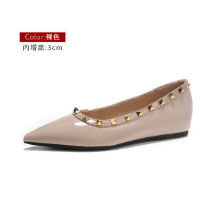 French Pointed Toe Elevator Flat Bottom Womens Shoes Autumn Rivet Low Heel Large Size Shoes 41 to 43 Fashionable Korean Style