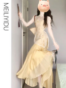 New Chinese Style Large Size Dress with Button Strapless Gown Holiday Style Set High Waist A-Line Skirt Sleeveless Long Dress