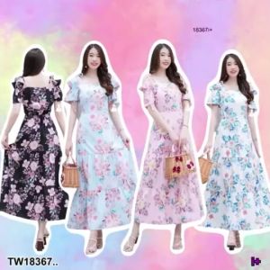 TW18367 แม็กซี่เดรสยาว เปิดไหล่ พิมพ์ลายดอกไม้ ..