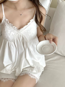 French Style Lace Embroidered Cotton Sleepwear for Women Summer 2024 Sweet Princess Style with Chest Pad Home Clothes