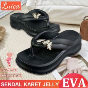 Sandal Jepit Wanita Wedges Karet Tinggi 5Cm Motif Kupu-kupu Sendal Karet Wanita Tinggi Cewek Lucu Kekinian Casual EVA Platform Tebal