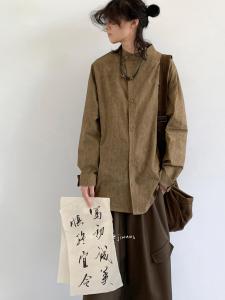 Jiwuu Retro Washed Loose Fit Mens Shirt Autumnal Chinese Style Long Sleeve Casual Fashion Youth Populaire Daily Wear