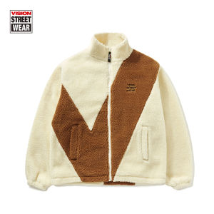 Vision Street Wear Vintage Street Style V-Neck Color Block Lamb Fur Jacket Mens Casual Sportswear Zipper Closure Winter Coat