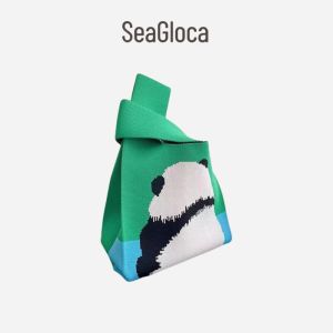 SeaGloca Panda Handbag Knitted Wool Bucket Bag Versatile Handheld Casual Tote Bag
