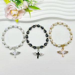 Nice Stretch Cross Pendant Bracelet For Women Charm Angel Rosary Beads Catholic Pendant Womens Bracelet Fashion Jewelry