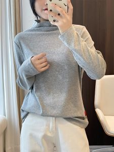 Sainag Womens Cotton T-shirt with Semi-High Collar and Long Sleeves Korean-Style Loose Fit Solid Color Base Shirt for Autumn and Winter