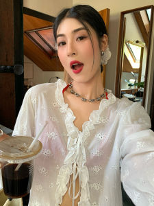 White V-neck Lace Loose Shirt Womens Summer Style New Arrival Tefamani Korean Version Long Sleeve Cotton Blend Outerwear