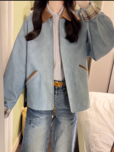 Retro Japanese Style PU Leather Jacket Womens Short Collar Flip Color Block Spring Autumn New Style Commute Loose Fit Outerwear