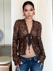 Áo Thun Dài Tay Leopard Print See through Áo Thun Dài Tay in Họa Tiết Leo Núi Phụ Kiện Thời Trang Thường Ngày Cho Nữ