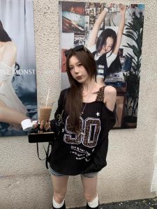 Slimming Leopard Print Asymmetrical Shoulder Long Sleeve T-Shirt Womens American Retro Style Casual Loose Fit Top Design