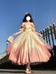 Princess Style Gradient Pink Mini Dress Wearable Lolita Wedding Dress with 3D Rose Long Skirt for Young Women Summer Fashion