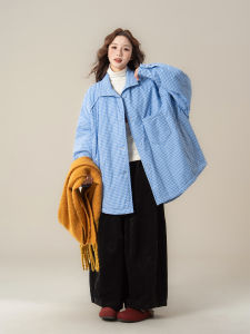 SHANGWEILUO | Blue Checkered Thickening Warm Outwear Coat