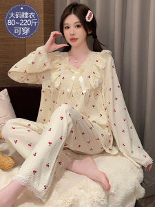 plus Size Womens Cotton Pajamas Long Sleeve Sweet Cherry Home Clothes Set Comfortable Breathable Sleepwear for plus Size