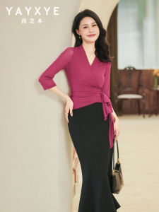 Ins Chic Summer New Pink Purple V-neck Slim Fit One-piece Commute Style Womens T-shirt Three-quarter Sleeve Basic Solid Color