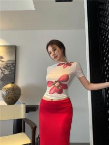 French Island Style Printed T-Shirt Womens Slim Fit Summer Fashionable Spicy Girl Short Sleeve Top BUWAN STUDIO round Neck