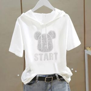 White Cotton Hoodie Short Sleeve Womens T-Shirt Loose Fit Summer New Korean Style Versatile Casual Crew Neck Tee