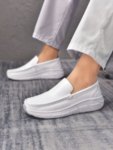 Mens Nurse Shoes White Genuine Leather Comfortable Anti-slip Four-season Thick Bottom Work Shoes Slip-on round Toe EVA Sole