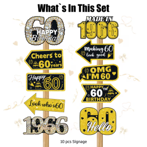 10pcs 30th 40th 50th 60 70th Birthday Black Gold Decoration Set Photo Booth Props Vintage Style Paper Signage