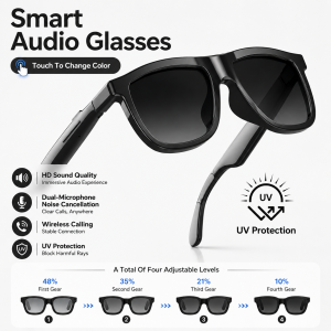 2026 Upgrade Smart Glasses Electrochromic 4-Speed Adjustment 38G Ultra-Light Body IP65 Bluetooth Call AI Assistant Sunglasses