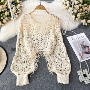 Retro Ethnic Style round Neck Tassel Crochet Cut Out Batwing Sleeve Short Pullover Knitwear Blouse Womens Casual Coat