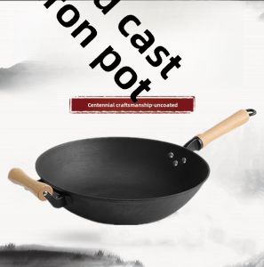 Traditional Thick Bottom round Bottom Cast Iron Wok Non-coated Kitchen Cooking Utensil Flat Bottom Pan Home Use Iron Pot
