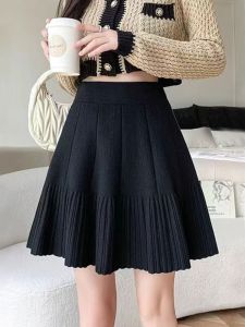 Black Knitted Mini Skirt Womens Outerwear A-Line Umbrella Pleated Half-length New 2025 Autumn Winter Small Size