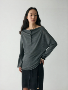 INSIS FEMME | Off-Shoulder Half Button Placket Flared Neck Loose Summer Knit Top
