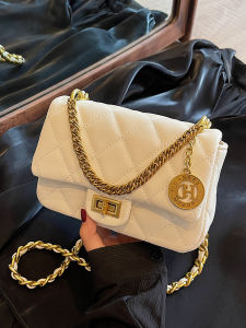 Fashionable Diamond Pattern Chain Bag Womens Crossbody Shoulder Bag Soft PU Leather Lock Buckle Closure Casual Handbag