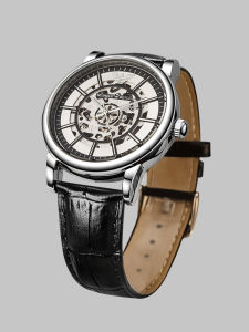 Mens Automatic Mechanical Watch Hollow out Waterproof Leather Band round Face Stainless Steel Case Fashionable Large Dial