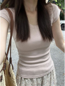 YUEZHONGWEI | Áo thun tay ngắn cổ tròn màu hồng Ice Silk cho nữ mùa hè dáng ôm vừa vặn ngắn mát mẻ chất liệu cotton pha trộn polyester