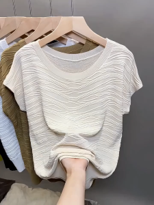 Yitiaoyu Womens Sweater Wavy One-shoulder Short-sleeved Shirt