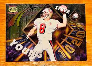 STEVE YOUNG 🏈 ตำนาน 49ers BYU 🏈 การ์ดสะสมอเมริกันฟุตบอล NFL 🏈 1996 Pacific PLAYER OF THE WEEK CARD 🇺🇸 San Francisco 49ers 🏈 ซานฟรานซิสโก โฟร์ตี้ไนน์เนอร์ส 🇺🇸 Legend Hall of Fame 🏈 HOF สวย NM