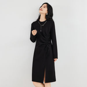 Yigue | Slim Warmth Black Round Collar Elegant Knitted Dress