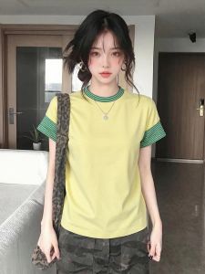CHOEFULYN | French Chic Design Yellow Stripe Patchwork Women Short Sleeve T-Shirt