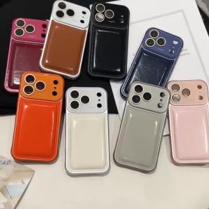 Luxury Oil-wax Leather Bulging Bumper Large Window Case for iPhone 17 16 15 14 13 Pro Max Shockproof Plating Glossy Armor Cover