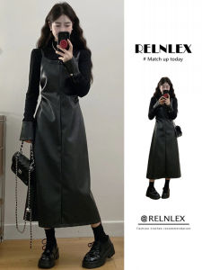 RELNLEX | Đầm Da PU Thời Trang Kích Cỡ Lớn Mùa Thu Phong Cách Retro