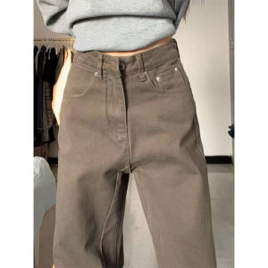 กางเกงยีนส์ทรงตรงสีกรมท่าเอวสูงสำหรับผู้หญิง กางเกงขายาวทรงหลวมสไตล์อเมริกันย้อนยุค ฤดูใบไม้ผลิ 2024 กางเกงขายาวทรงหลวมสำหรับผู้หญิง