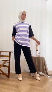 Oneset Wanita Salur Bahan Catton Import Premium 20s Stelan Kekinian Trend Fashion Kaos Set